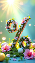 Percentage sign and Easter eggs in sun rays, is adorned with spring pastel flowers. Spring sale and discounts Easter banner, flyer with copy space. 