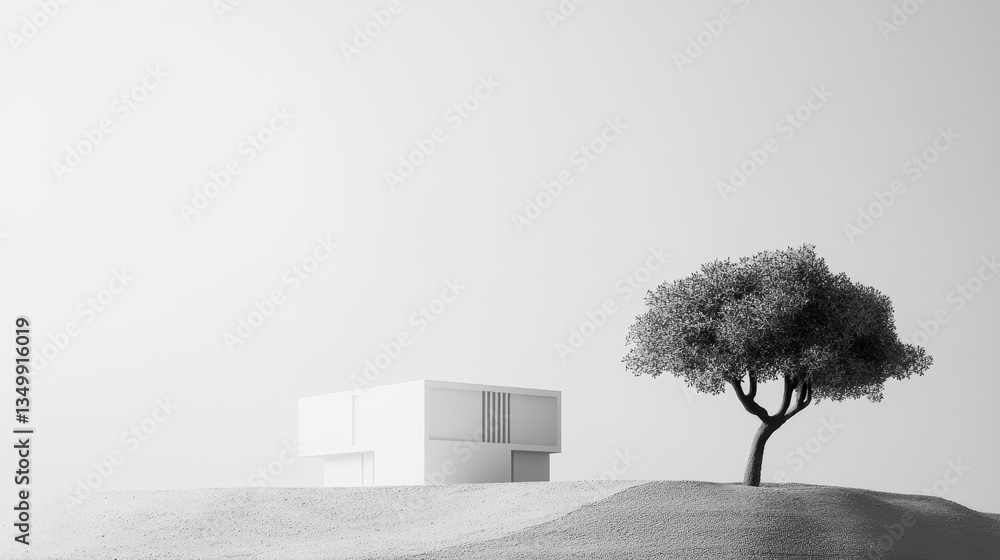 Poster Minimalist monochrome architectural rendering of a modern house and tree on a hill.