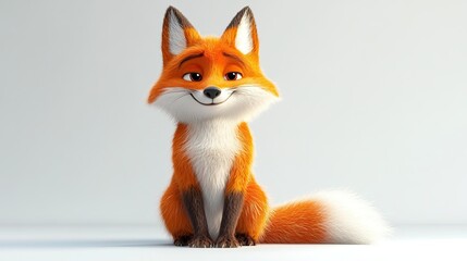 Obraz premium Charming cartoon fox with fluffy fur and a friendly expression sitting on a white background in a playful pose