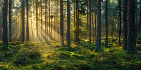 Naklejka premium Natural light shining through a forest, creating a serene and peaceful atmosphere.