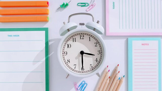 Back to School, office planning, and time management concept in Stop Motion. Stopmotion alarm clock symbolizes deadlines, organization, productivity, scheduling for school, work, and daily tasks