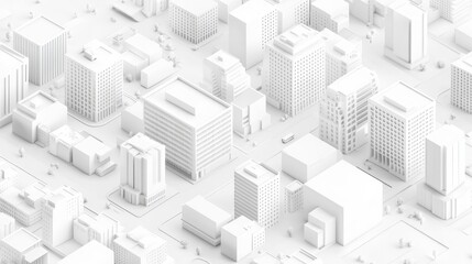 Abstract isometric view of a white city skyline with buildings, roads, and vehicles.