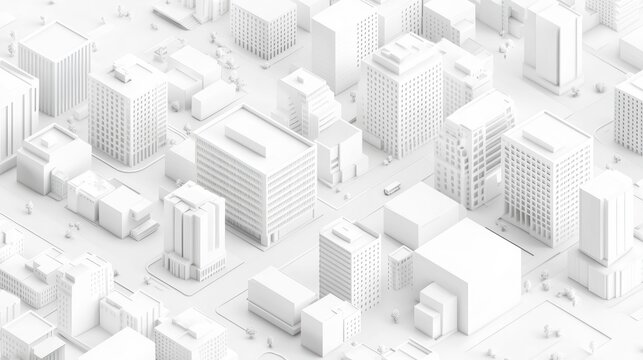 Abstract isometric view of a white city skyline with buildings, roads, and vehicles.