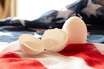 Chicken eggs lie on the American flag on the kitchen table, egg shortage