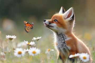Obraz premium Adorable Fox Cub Watching Butterfly in Blooming Spring Field - Generative AI