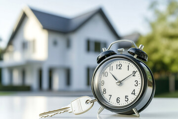Time to buy own home. Key and black alarm clock on house background. Mortgage loan repayment and housing tax payment deadline concept.