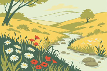 65 Vibrant wildflower meadow, winding stream, colorful flora, rolling hills, scenic landscape, golden grasslands, white daisies, red flowers, yellow blooms, natural beauty, reflective water, shallow c
