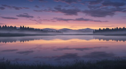 Reflecting Lake at Dusk Landscape with Clouds and Forest Silhouette