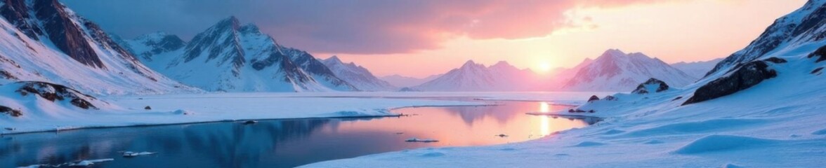 Frosty planet surface with distant mountains and lake of liquid methane ,  frost,  ice