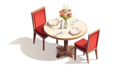 Isometric illustration of a restaurant table with chairs and flowers. Royalty-free vector image for dining design