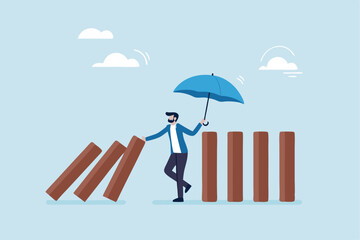Obraz premium Control risk in investment crisis, failure prevention, stop domino effect, protection or solution to solve problem, stop uncertainty or insurance concept, businessman stop domino collapsing despair.