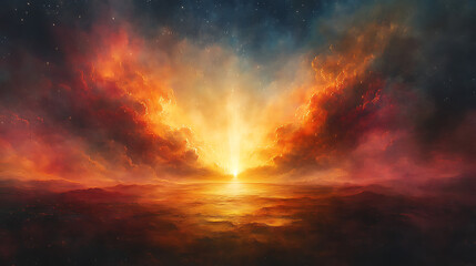 Naklejka premium Majestic celestial divide in the desert, supernatural cloud and fire creating an ethereal contrast between light and darkness, dynamic atmosphere, epic storytelling, ultra-HD biblical realism,