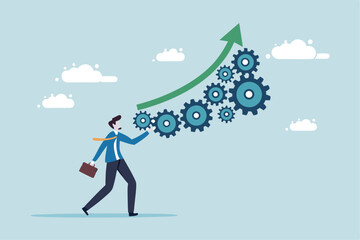 Growing efficiency, process improvement, increase development or productivity, working process, innovation or strategy for work efficiency concept, businessman work with laptop on increase efficiency.