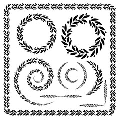 Set of 6 black and white decorative ethnic frames and borders of olive laurel leaves. Design elements for certificates, books, labels, stickers, champion awards