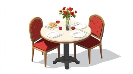 Restaurant table setting, isometric illustration, red chairs, flowers