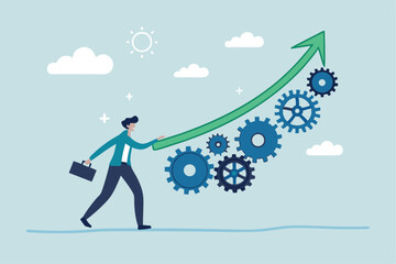 Growing efficiency, process improvement, increase development or productivity, working process, innovation or strategy for work efficiency concept, businessman work with laptop on increase efficiency.