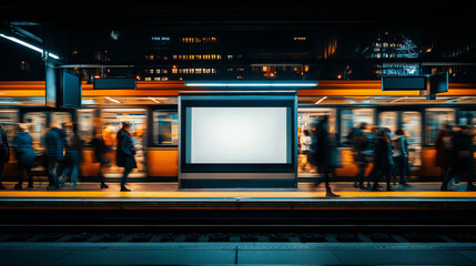 Obraz premium Concept Busy Metro Station at Night with Blank Billboard for Advertising Mockup in Urban City Setting with Blurred Commuters and Train in Background, Perfect for Marketing and Design Projects