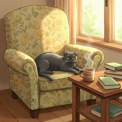 Warm and Inviting Watercolor Reading Nook with a Relaxed Cat and Steaming Tea.
