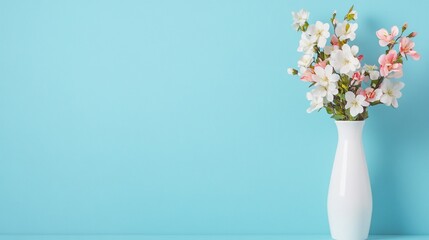 Naklejka premium Elegant floral arrangement in white vase against a light blue background