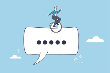 Communicate to success, talking or discussion, advice message dialogue, announcement speech bubble, business conversation or consultation concept, businessman acrobat on message speech bubble.