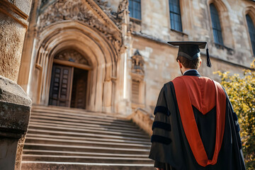 Naklejka premium Graduate in Academic Gown at University Entrance