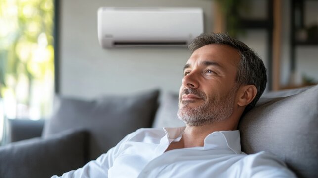 Comfortable man enjoying cool air from an air conditioner while relaxing in a modern living room