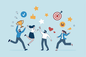Employee engagement, work satisfaction or happiness, company commitment or employee appreciation, wellbeing or inclusive concept, happy business people employees jump with work engagement elements.