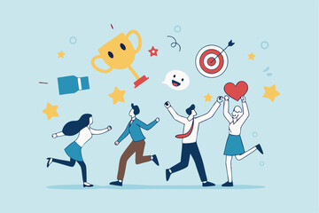 Employee engagement, work satisfaction or happiness, company commitment or employee appreciation, wellbeing or inclusive concept, happy business people employees jump with work engagement elements.
