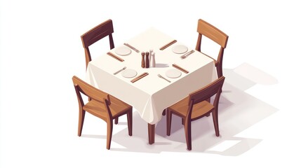 Isometric Square Dining Table with Chairs. Illustration of a Restaurant Setting