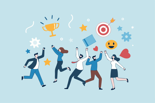 Employee engagement, work satisfaction or happiness, company commitment or employee appreciation, wellbeing or inclusive concept, happy business people employees jump with work engagement elements.