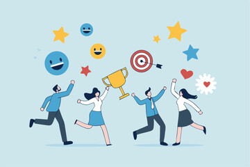 Employee engagement, work satisfaction or happiness, company commitment or employee appreciation, wellbeing or inclusive concept, happy business people employees jump with work engagement elements.