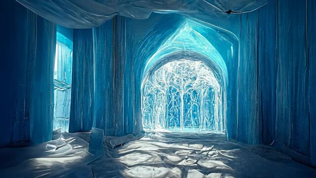 An ice castle with window in the middle. Castle with windows lit up in the snow. Room with a dark shadow of a ice wall. A frozen palace featuring a window at lifestyle its center.