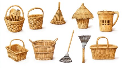 Wicker baskets, brooms, and gardening tools on white background; home decor, crafts
