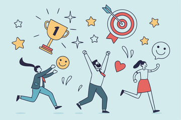Employee engagement, work satisfaction or happiness, company commitment or employee appreciation, wellbeing or inclusive concept, happy business people employees jump with work engagement elements.