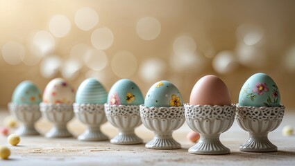 Colorful decorated eggs in traditional holders arranged neatly for an Easter celebration with a blurred background enhancing spring vibes