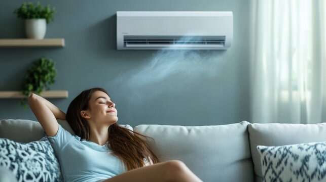 Comfort from the air conditioner while relaxing on a cozy sofa in a bright living room