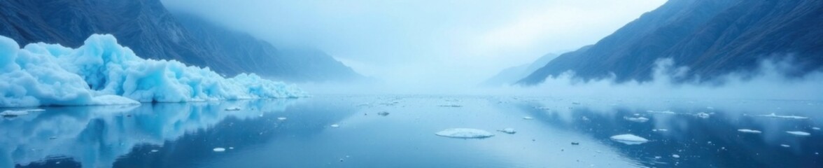 Glacier blue misty morning scene with frosty waves on icy surface , frozen ocean, iceberg