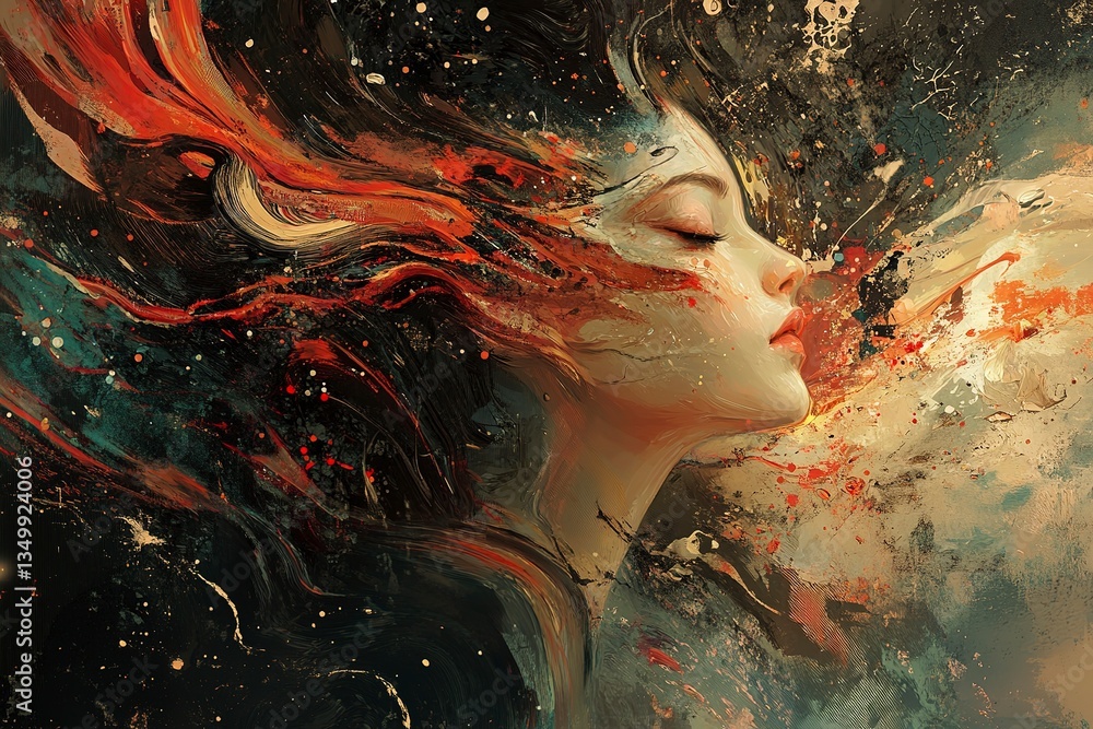 Poster dynamic splashes of paint creating an abstract artistic portrait of a serene figure