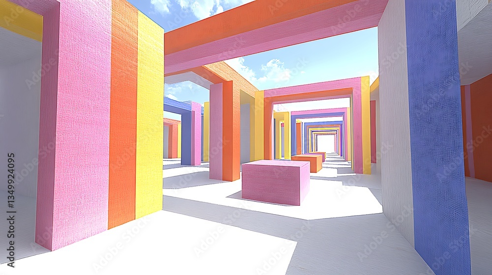 Poster abstract architecture with colorful pillars and beams, endless perspective