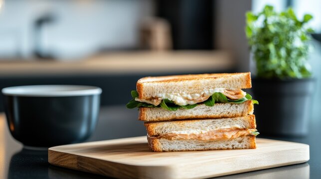 healthy breakfast presentation, enjoy a nutritious breakfast with sandwiches in a serene, pastel-toned kitchen