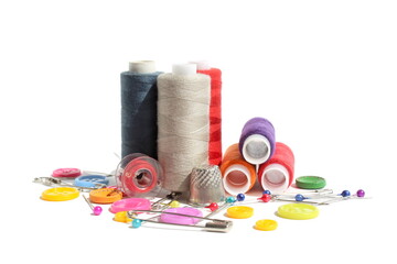 On a white background there are many details for sewing needlework.