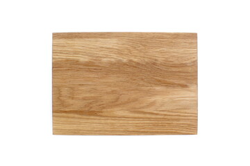 There is a wooden oak cutting board on a white background.