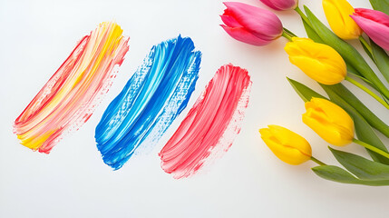 Colorful brush strokes in red, blue, and yellow contrast with blooming tulips on a clean surface