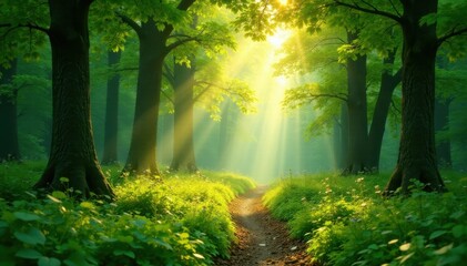 Gr?ner Wald mit hellen Sonnenstrahlen und einiger Blumen , Natur, blumen