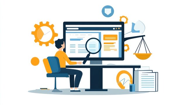 Person analyzing data on computer, legal documents background, illustration, business concept
