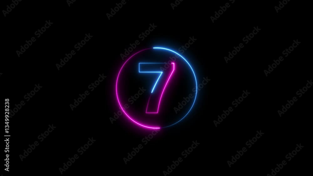 Poster a circle with a purple neon icon on a black background and the text 7 in the middle of it.