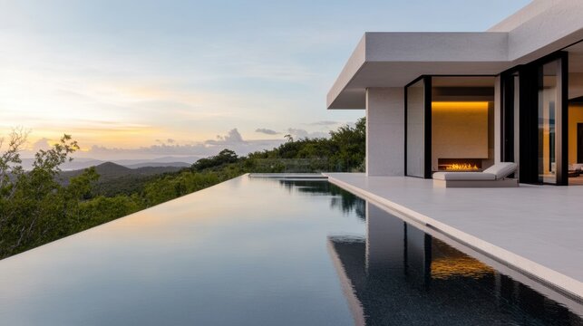 luxury outdoor living, a tranquil backyard retreat with an infinity pool, stylish outdoor furnishings, and a luxurious home glowing in golden light