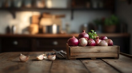 Fresh red onions in wooden crate, kitchen table