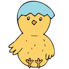 yellow easter spring chick or baby bird with eggshell on head, vector color isolated design element, hand drawn doodle element, for kids