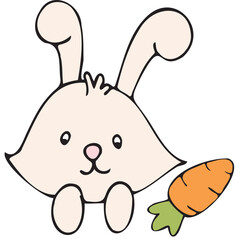 cute easter bunny with carrot, vector color isolated design element, hand drawn doodle element, for kids